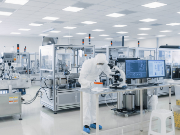 Shot of Sterile Pharmaceutical Manufacturing Laboratory where Scientists in Protective Coverall's Do Research, Quality Control and Work on the Discovery of new Medicine.